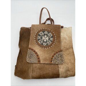 Myra Bag Purse Tote Tan Cowhide Handbag Backback Canvas Faux Fur Western Boho